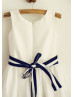Ivory Taffeta Navy Blue Stripes Flower Girl Dress With Stripe Sash
